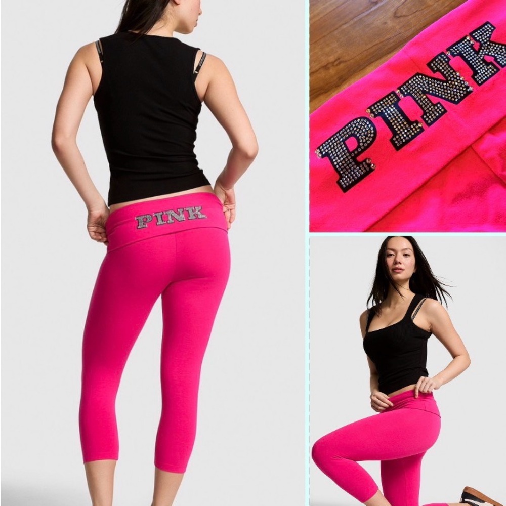 Victoria’s Secret PINK Bling Yoga Capri Leggings Hot Pink Fold Over NWT - Picture 1 of 8